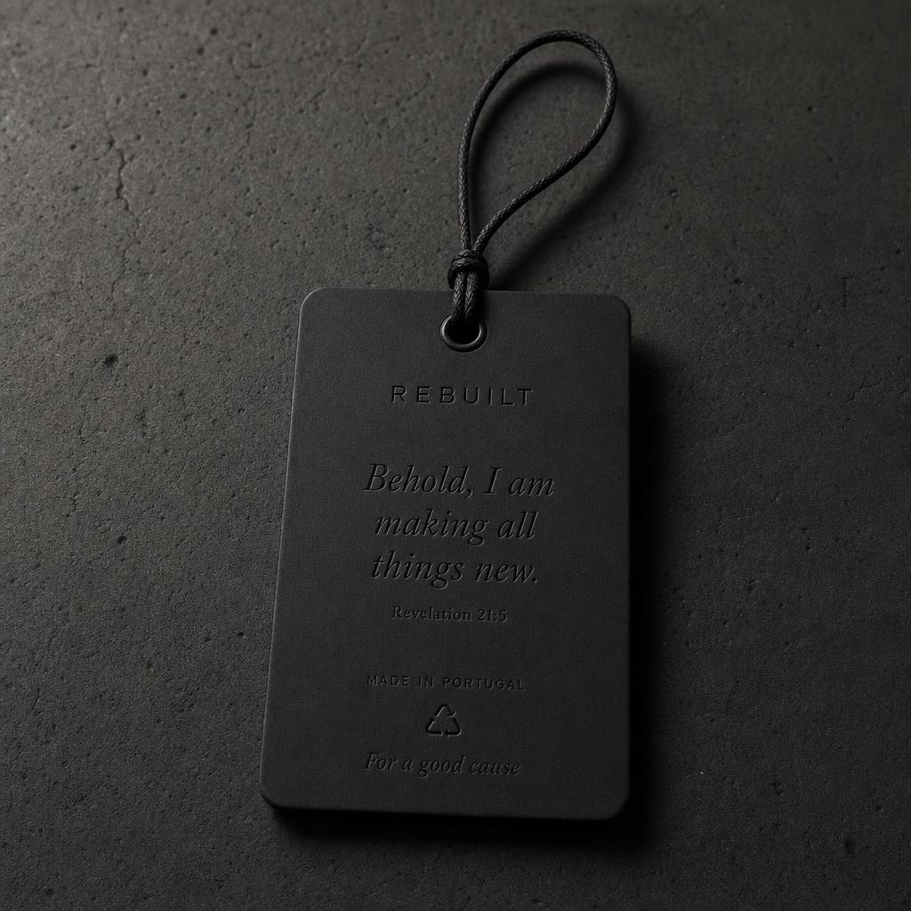 REBUILT custom-order hang tag, front — matte black card, blind-debossed wordmark, verse, and Made in Portugal