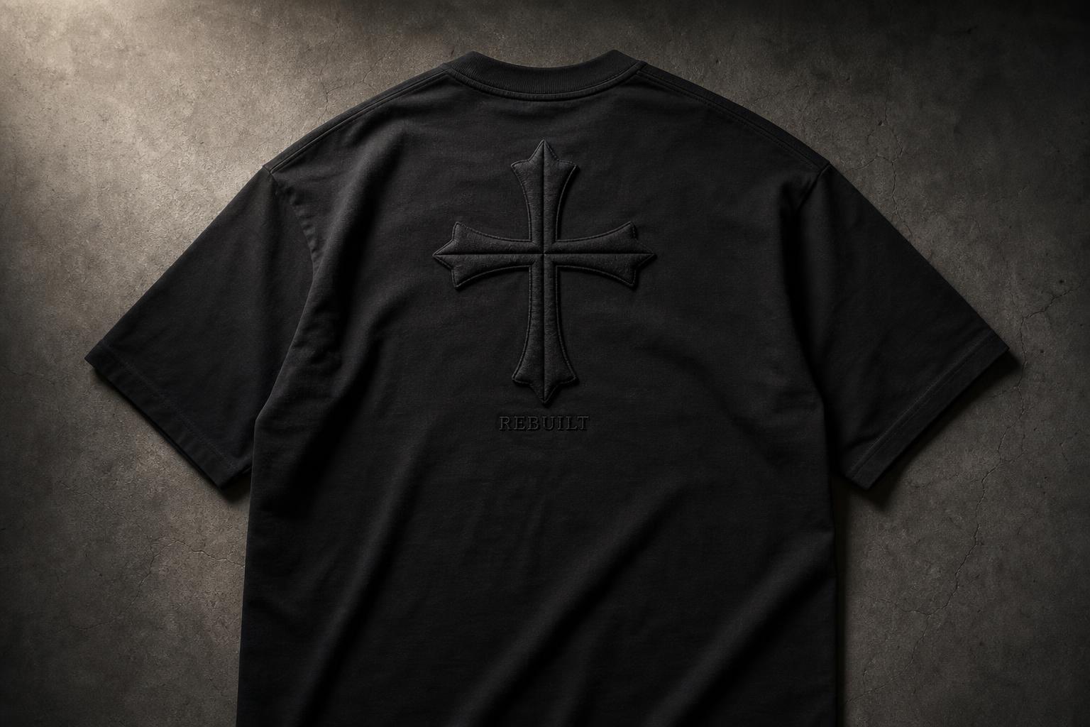 Drop 001 — back view of a black Christian tee with a large tonal black-on-black puff-embroidered The Foundation design
