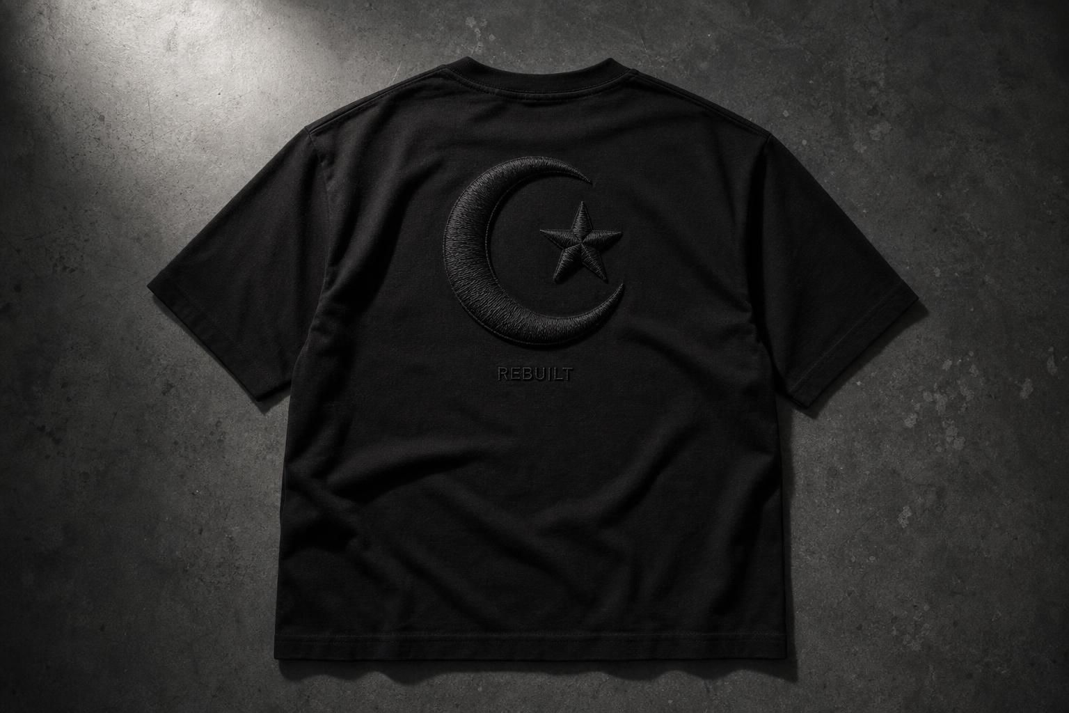 Drop 002 — back view of a black Ramadan tee with a large tonal black-on-black puff-embroidered Tawbah design