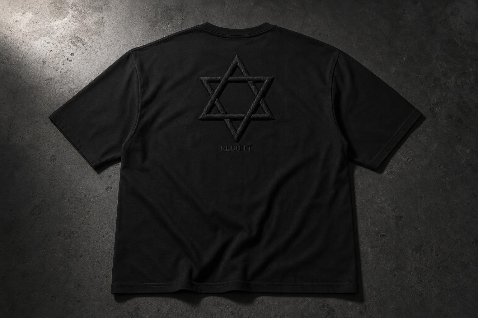 Drop 003 — back view of a black Rosh Hashanah · Yom Kippur tee with a large tonal black-on-black puff-embroidered Teshuvah design