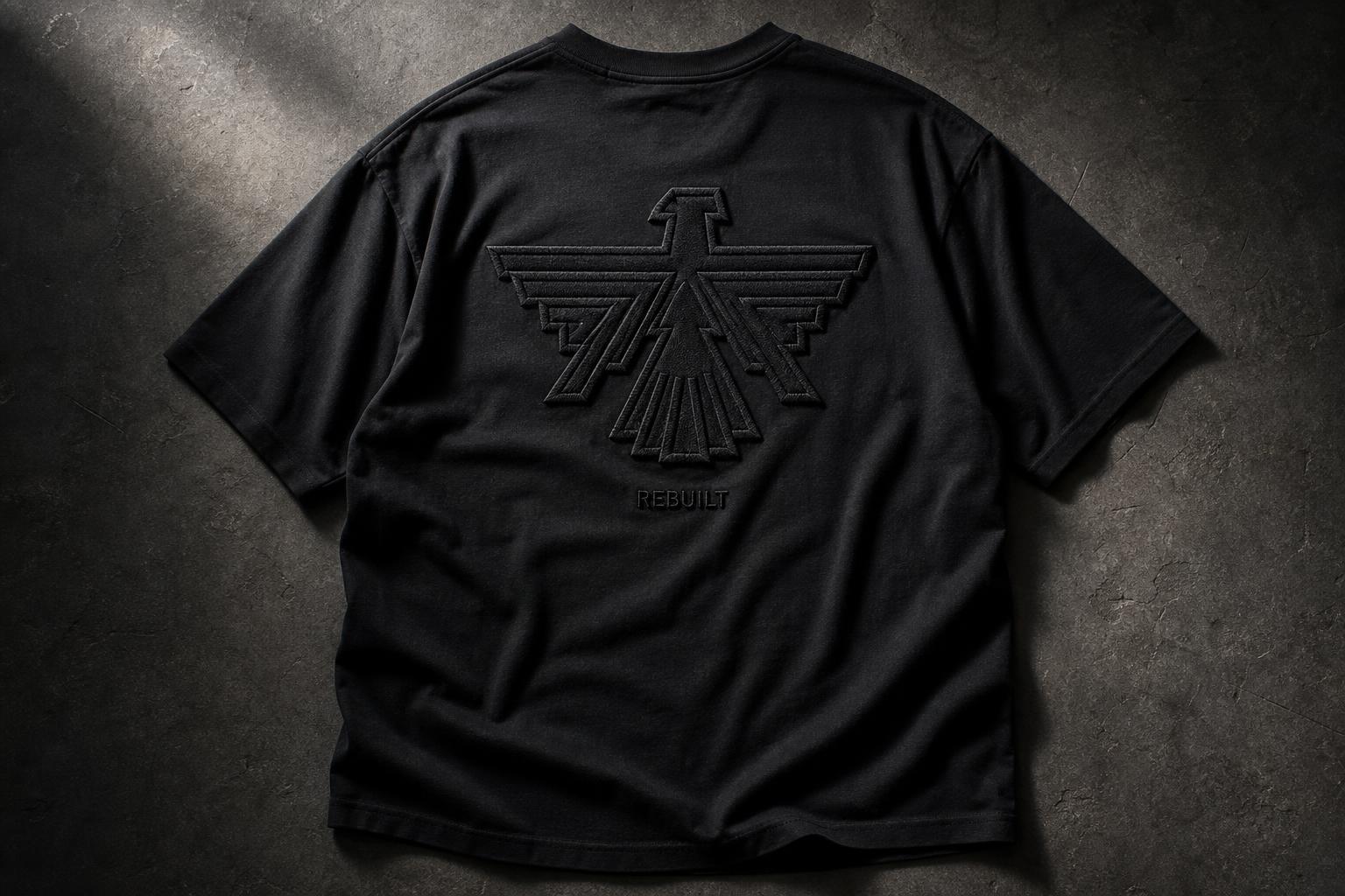 Drop 004 — back view of a black Native · Indigenous tee with a large tonal black-on-black puff-embroidered The Warrior design