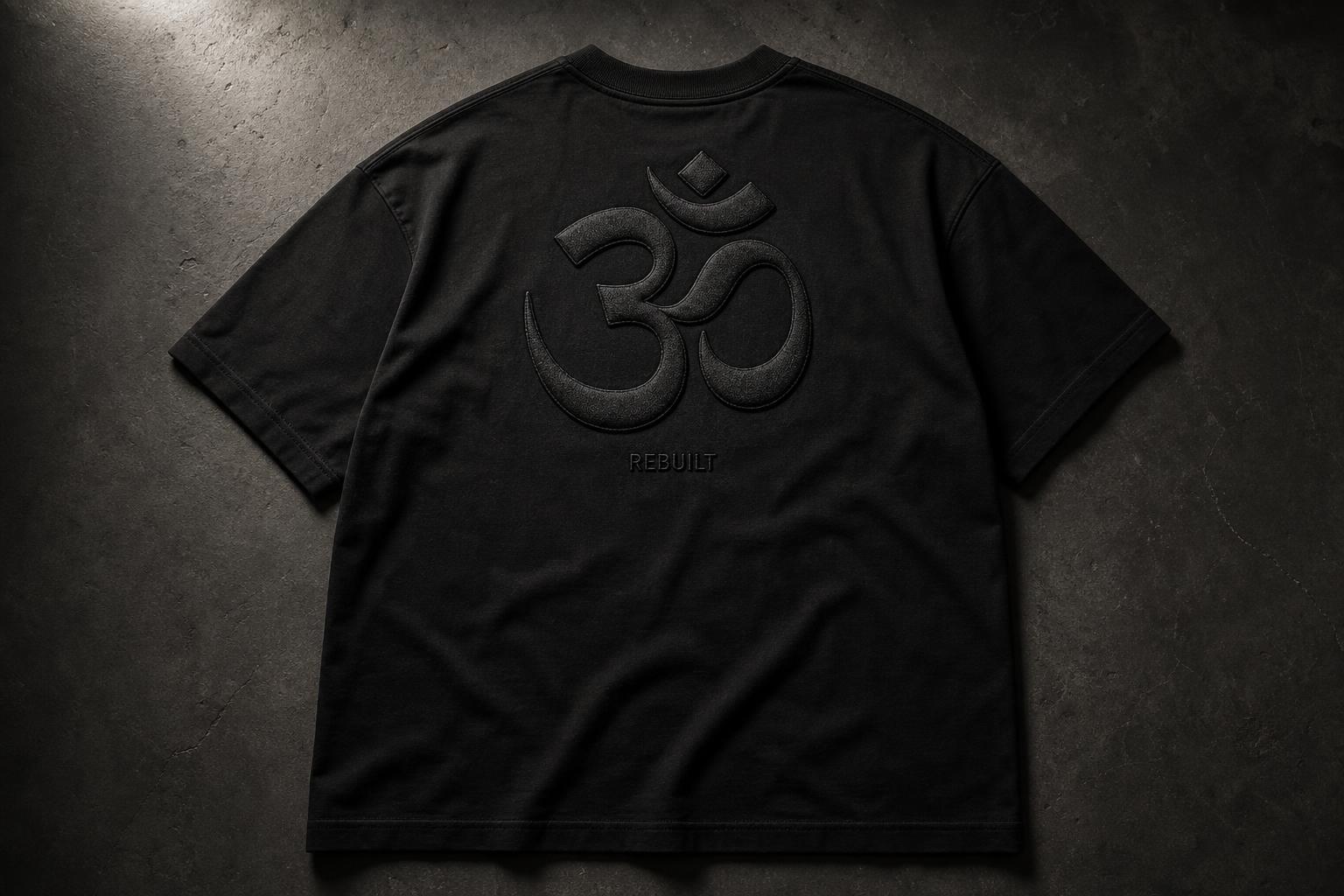 Drop 005 — back view of a black Diwali · Hindu tee with a large tonal black-on-black puff-embroidered Dharma design
