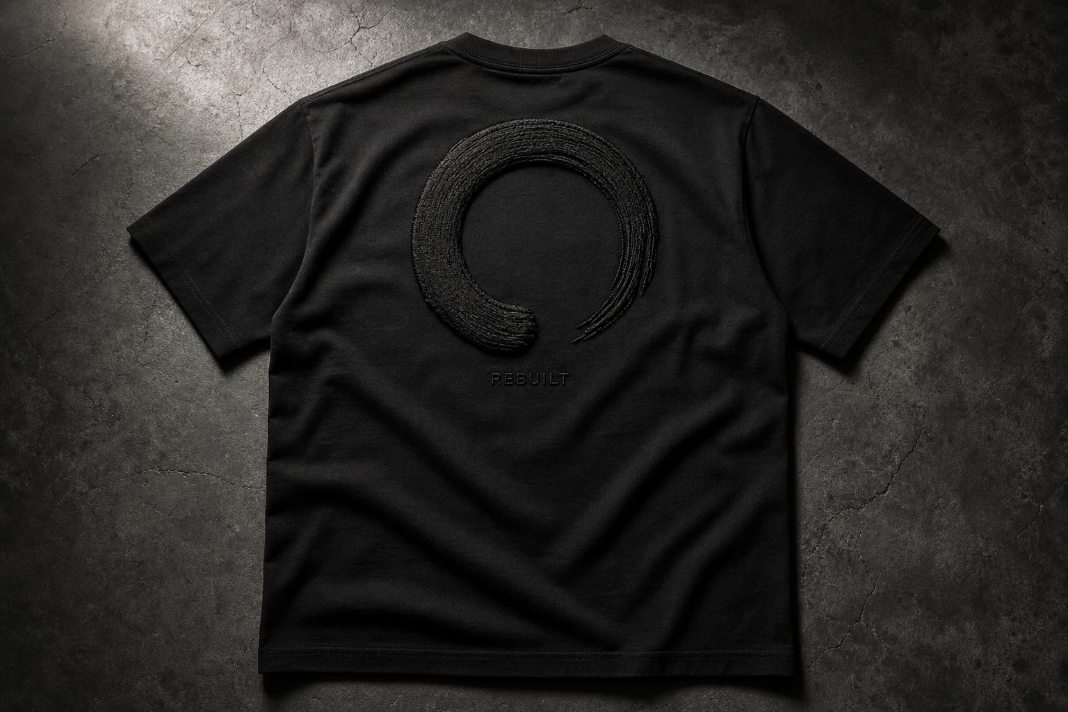 Drop 006 — back view of a black Buddhist tee with a large tonal black-on-black puff-embroidered Present design